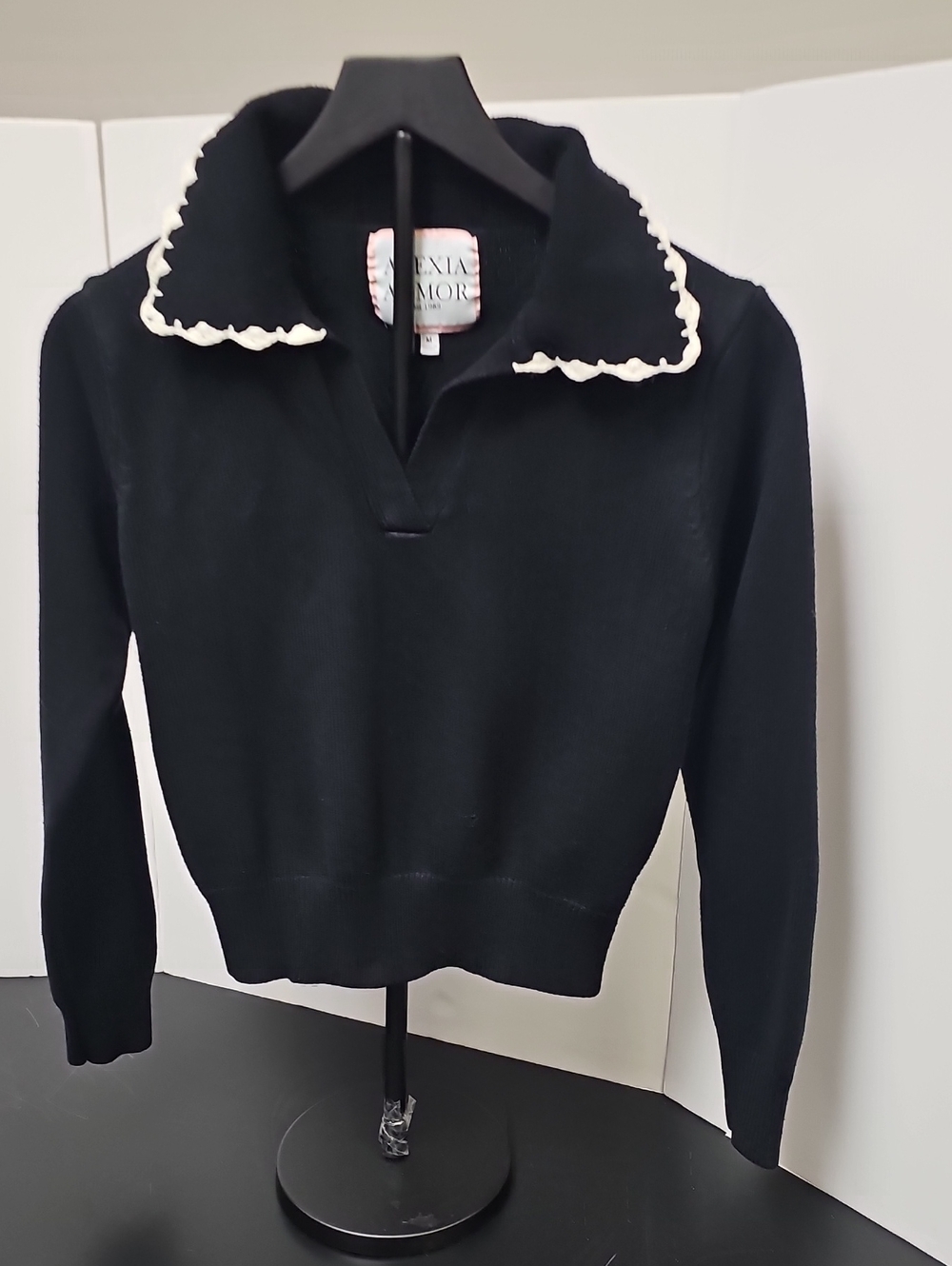 Alexia Admor Black Sweater with Cream Scalloped Collar Trim